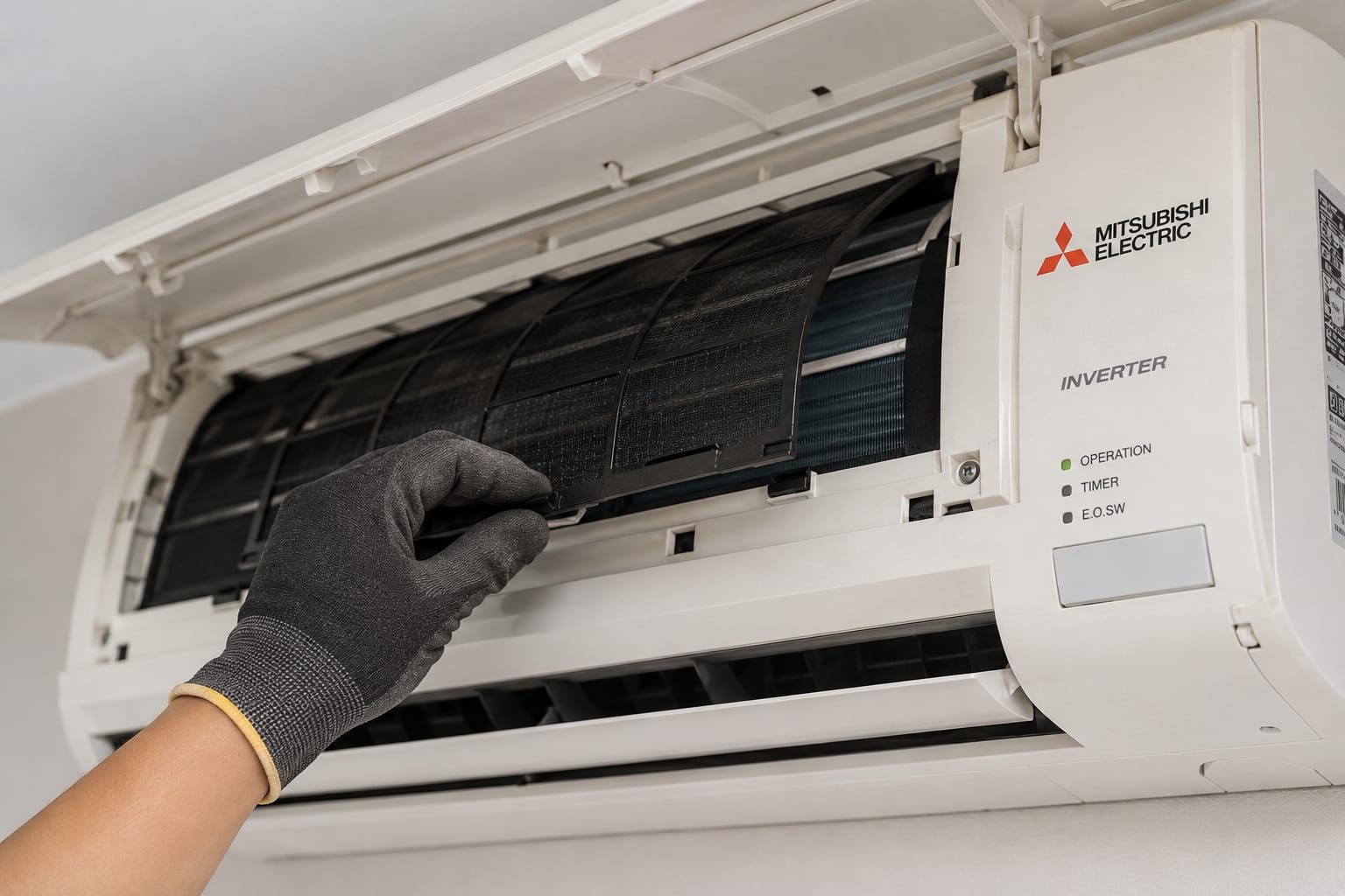 OPPA.SG technician servicing a Mitsubishi split aircon unit