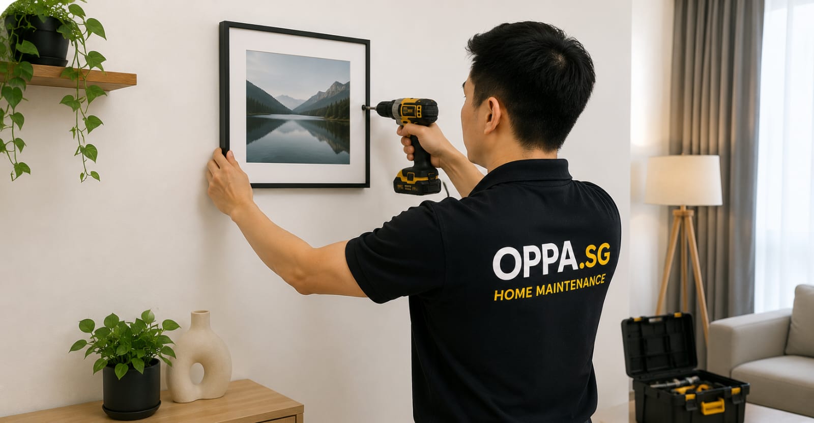 OPPA.SG technician drilling to mount a picture frame on the wall