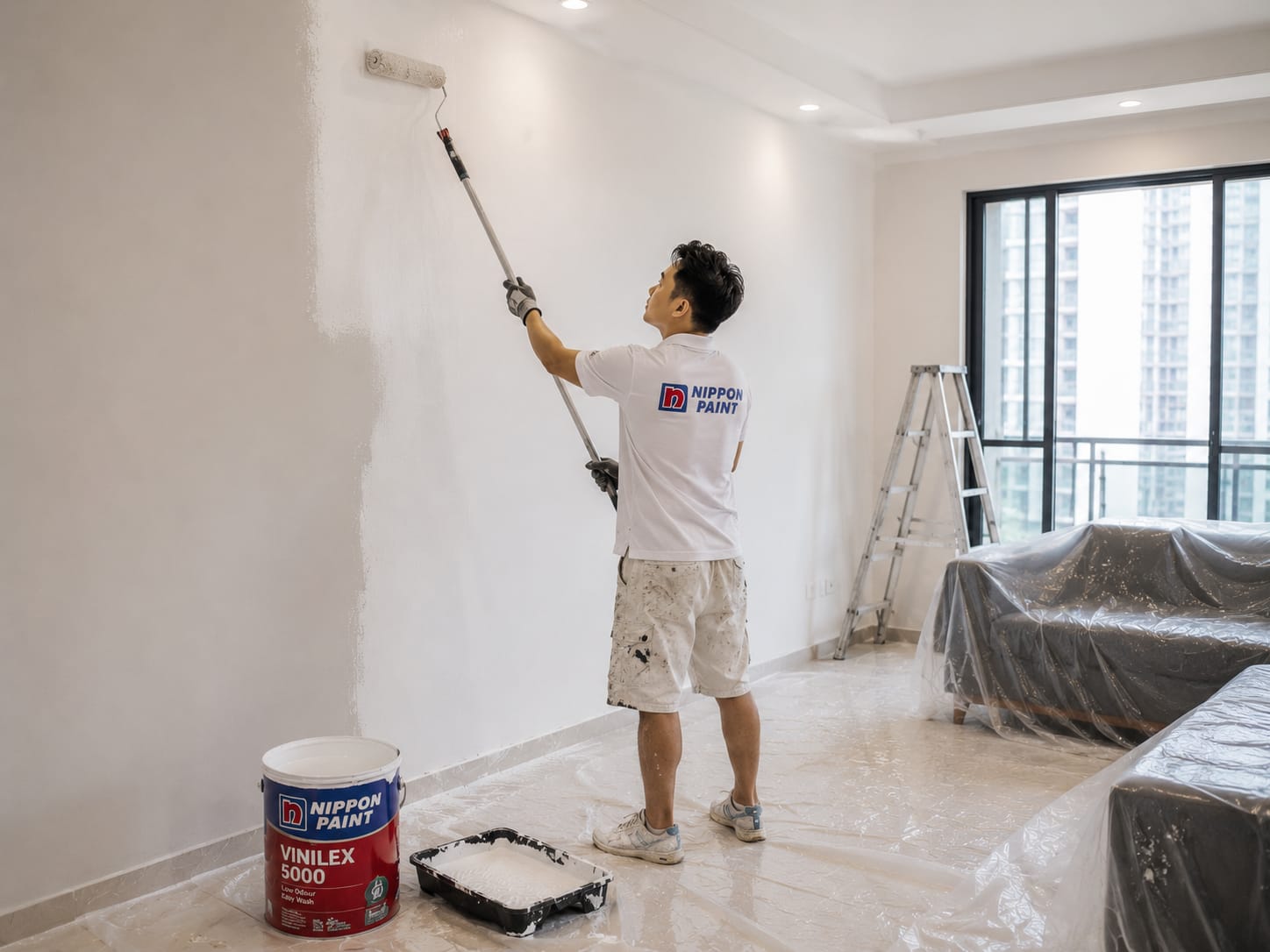 OPPA.SG painter rolling fresh white paint on an interior wall