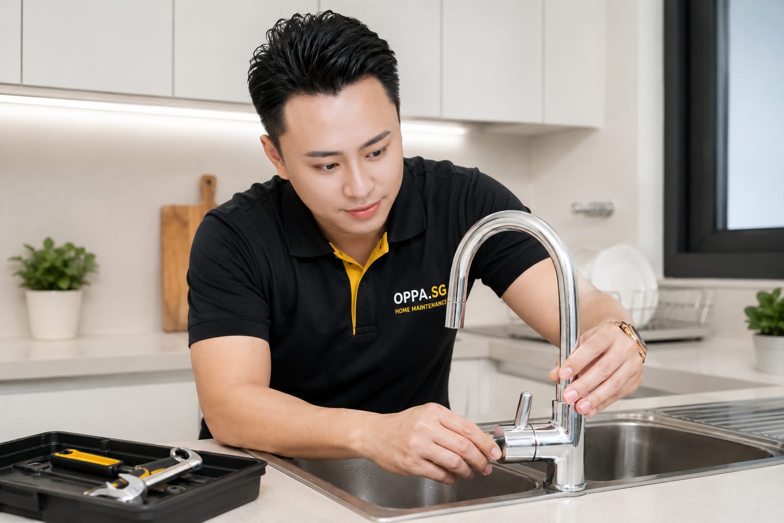 OPPA.SG plumber fixing a kitchen sink mixer tap